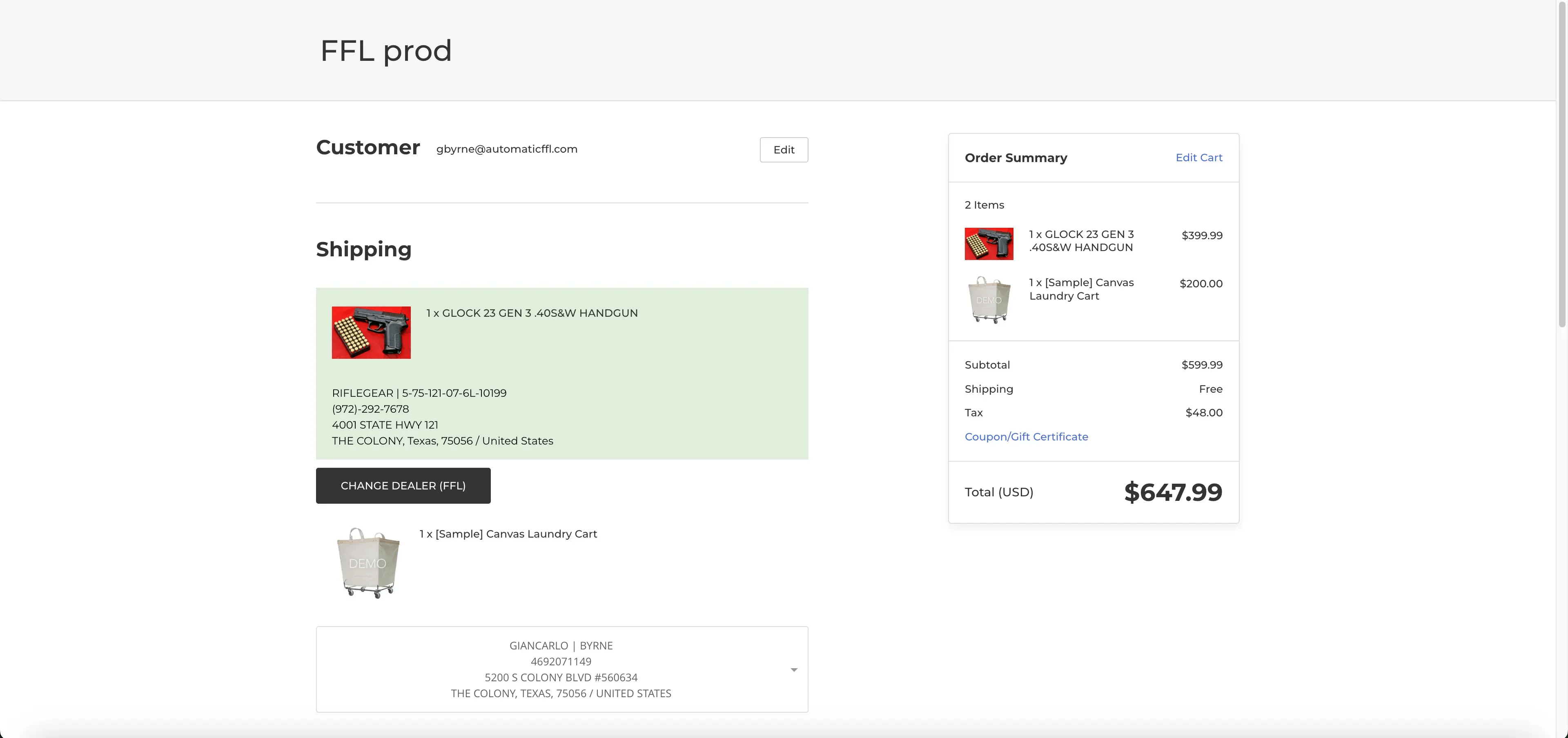 BigCommerce checkout with a firearm routed to an FFL dealer and eligible merchandise routed to the customer in the same order.