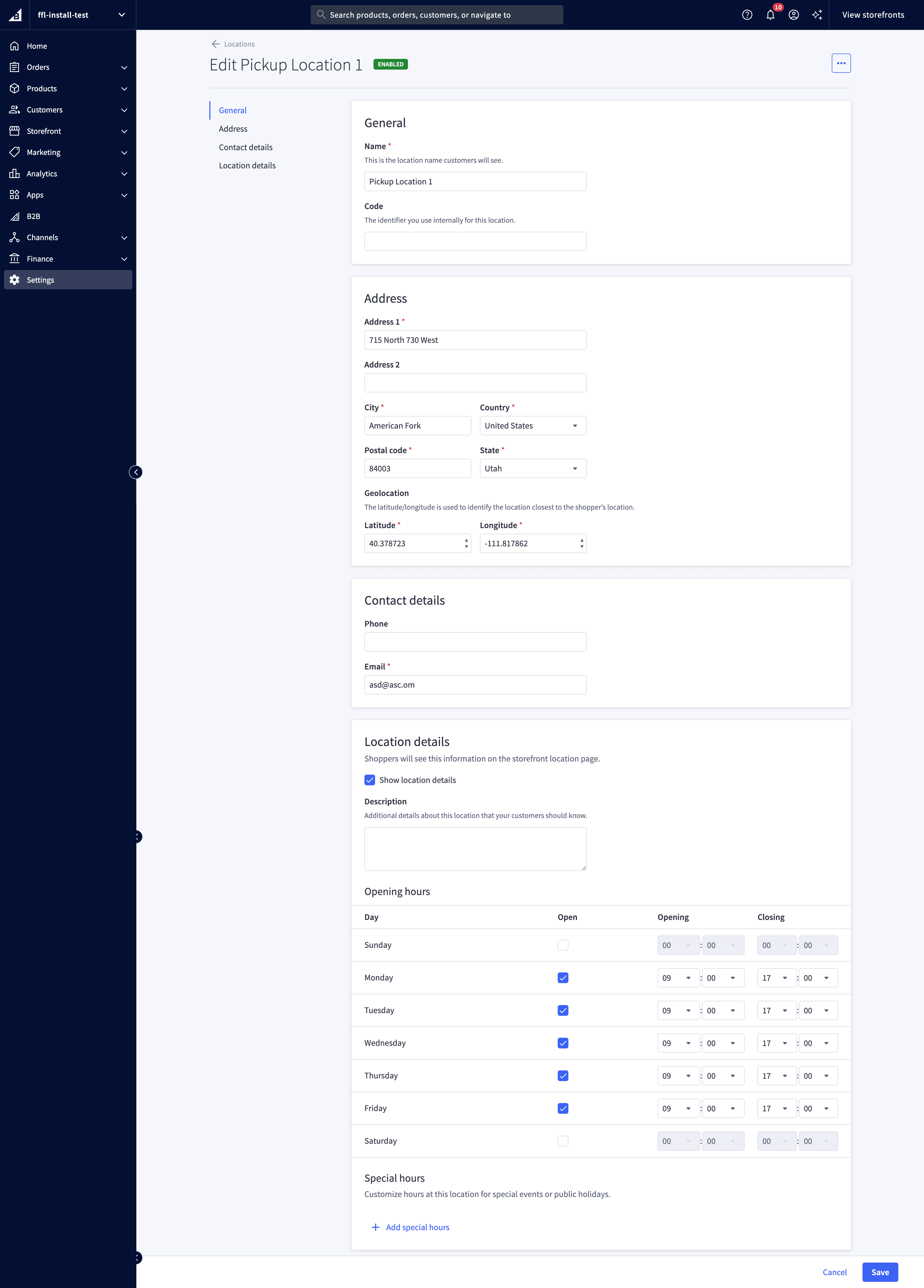 BigCommerce location form with the store name, address, contact details, and opening hours
