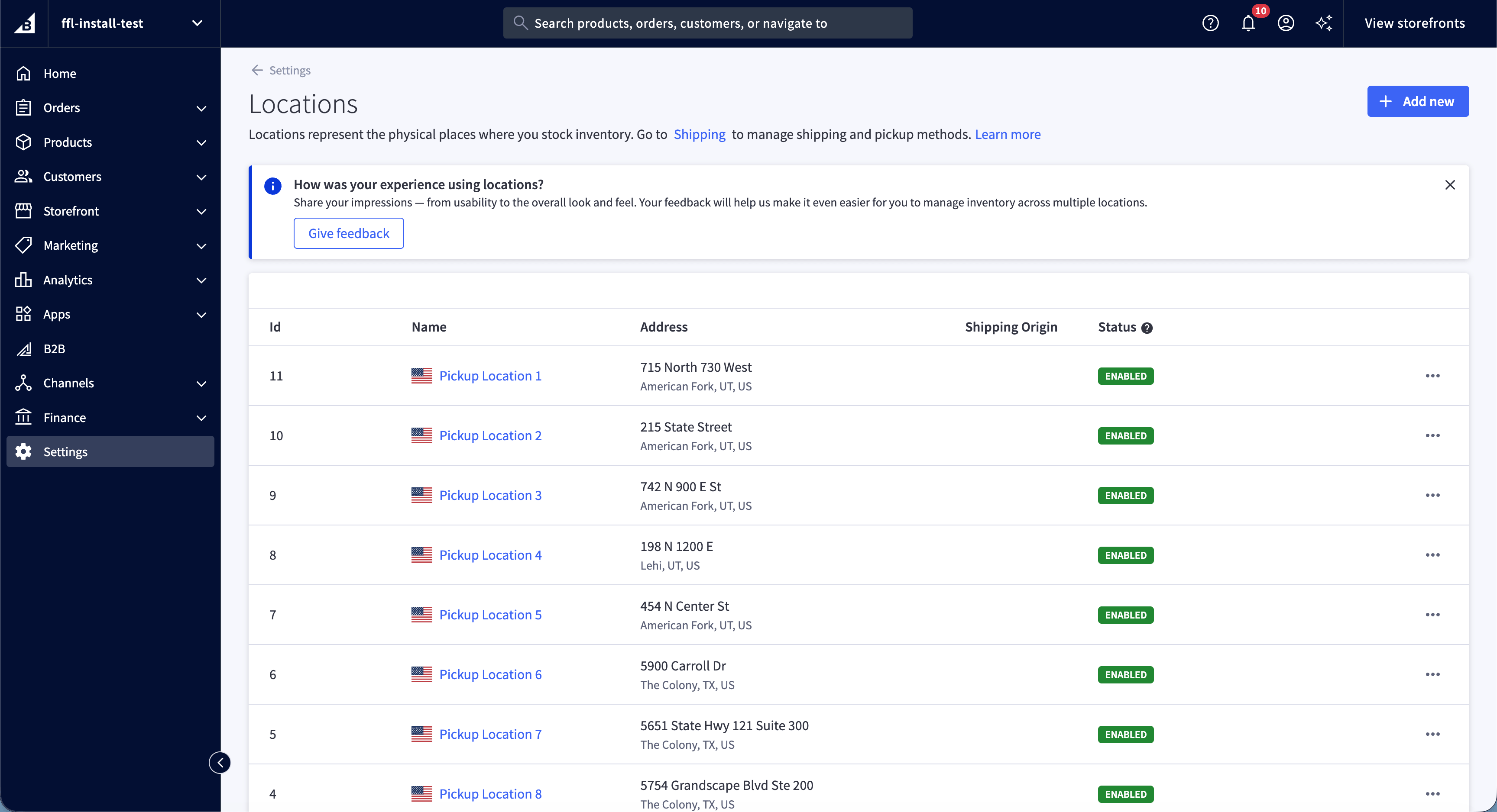 BigCommerce Locations page showing enabled pickup stores and the Add new button
