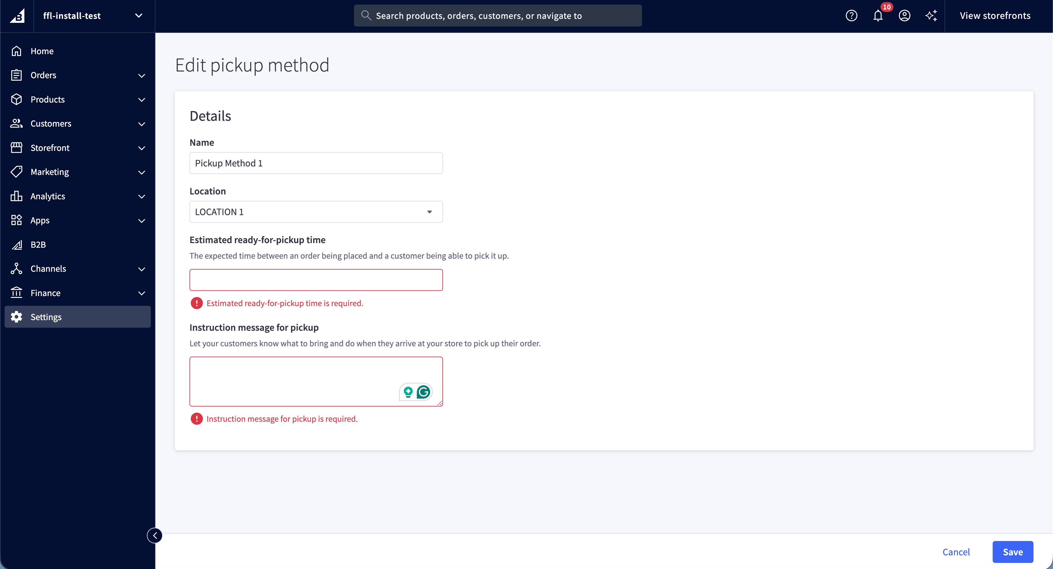 BigCommerce pickup method form with name, location, ready time, and customer instructions