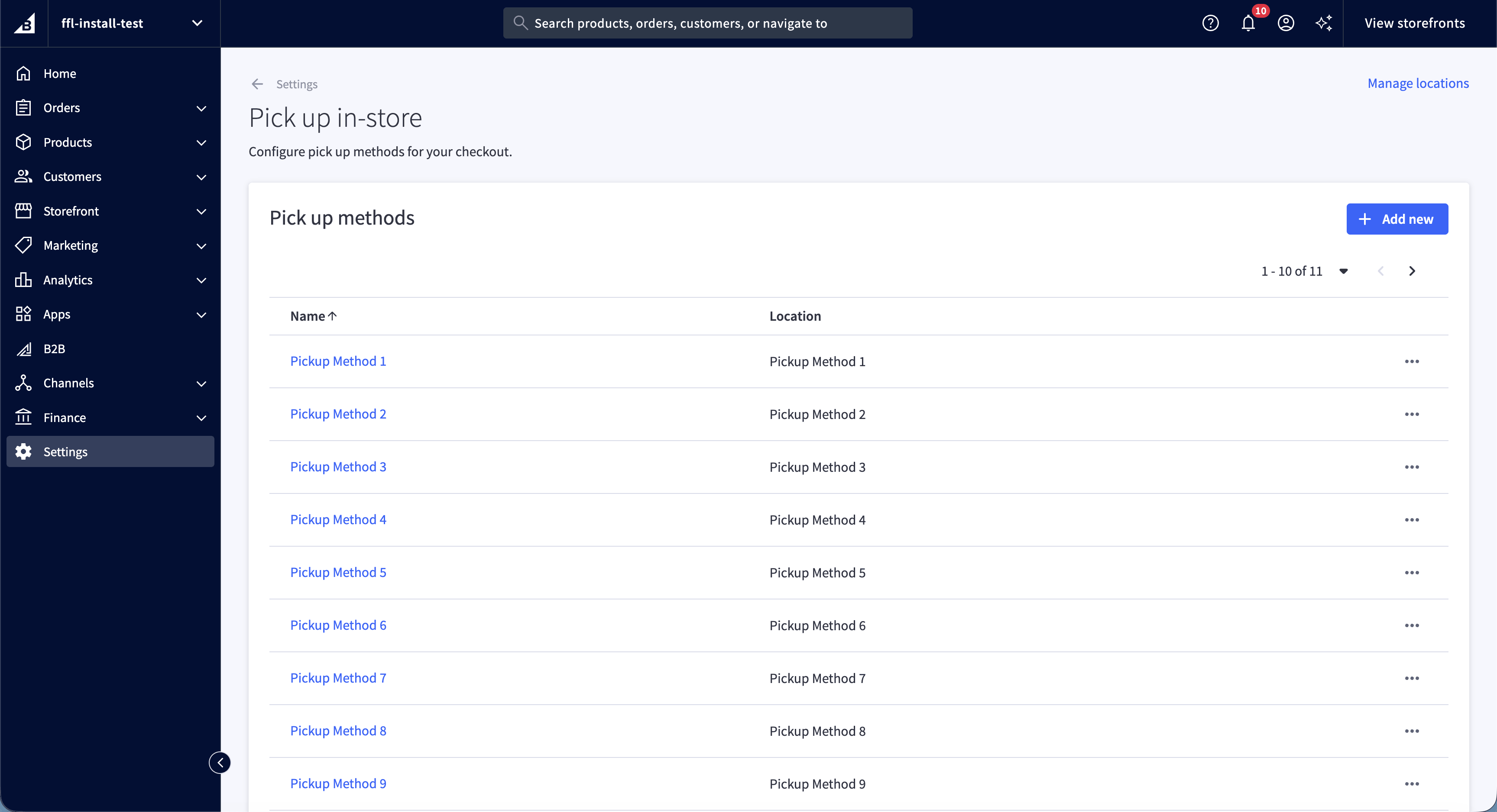 BigCommerce Pick up methods screen listing customer-facing pickup methods connected to store locations.