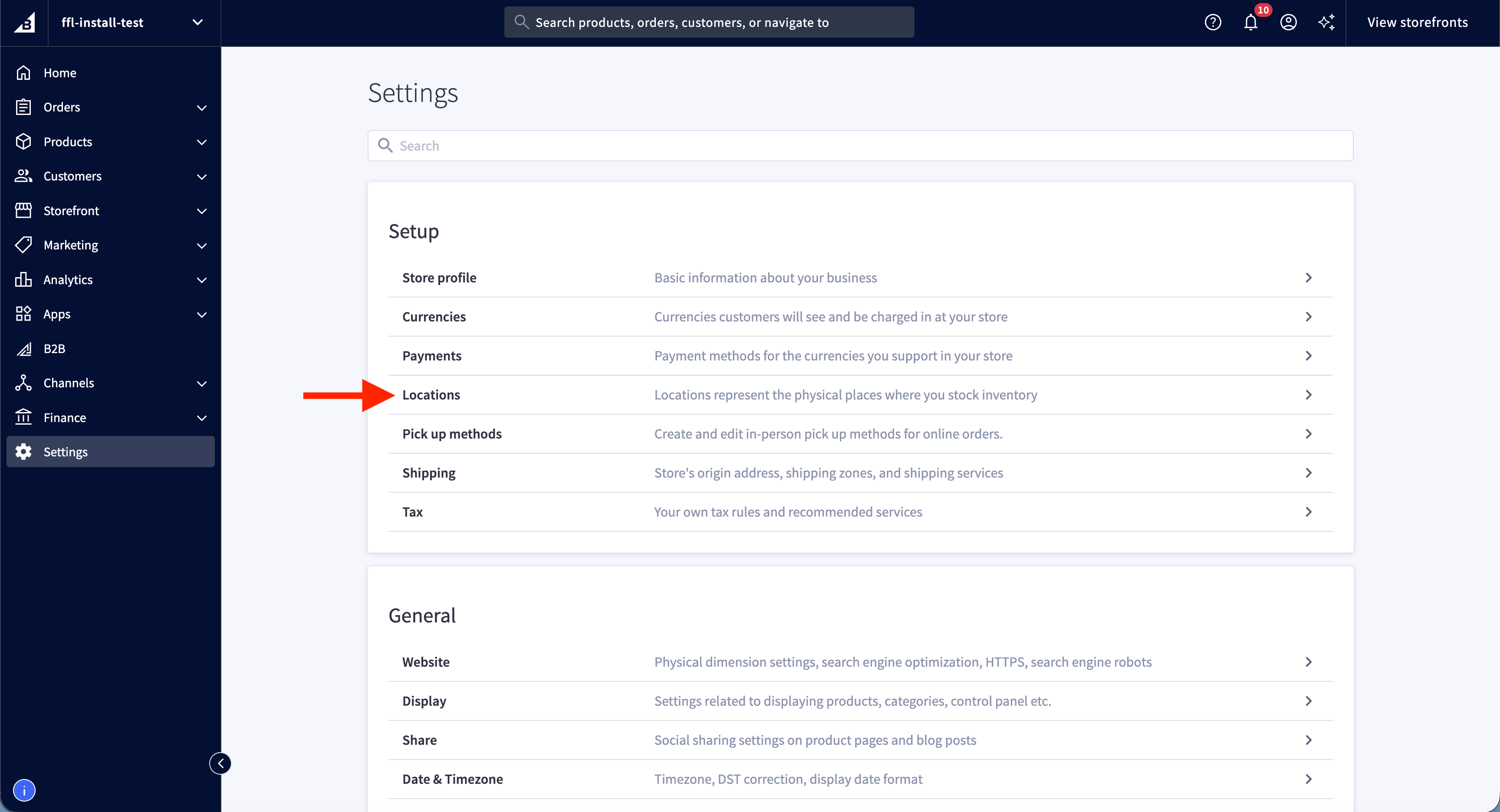BigCommerce Settings page with Locations highlighted