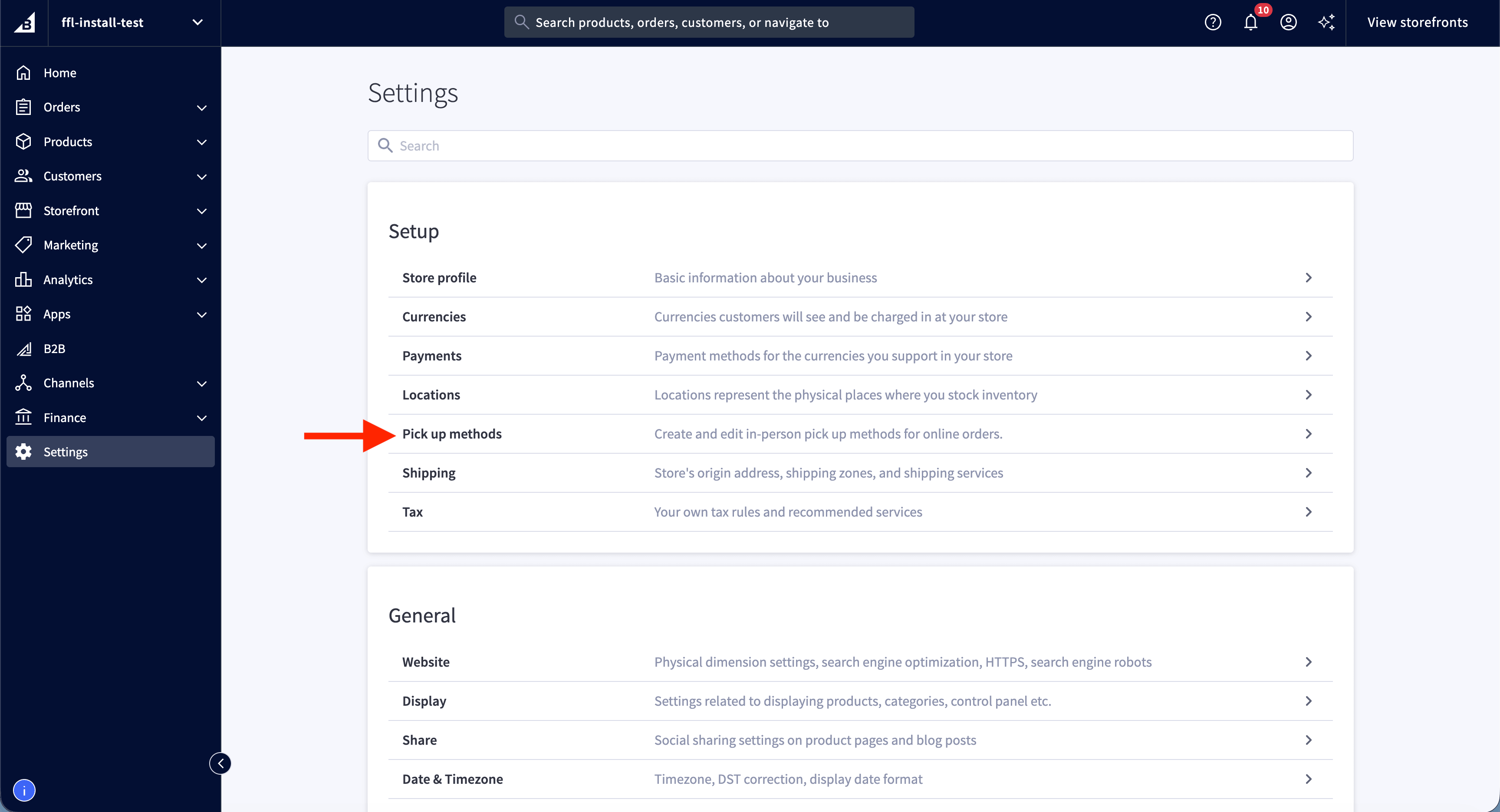BigCommerce Settings page with Pick up methods highlighted