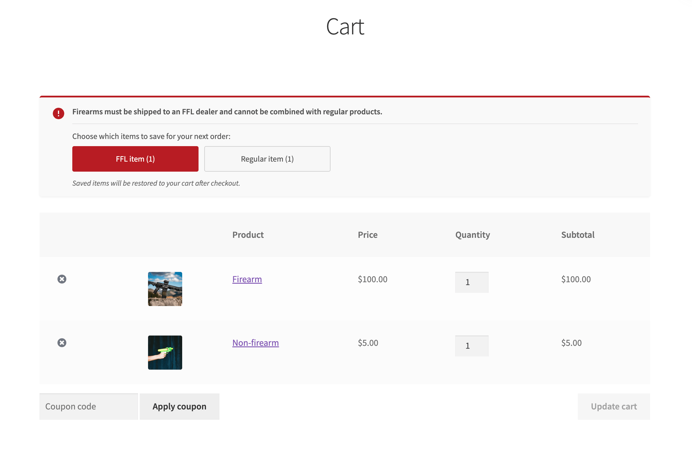 WooCommerce mixed cart showing the Save For Later choice between an FFL item and a regular item.