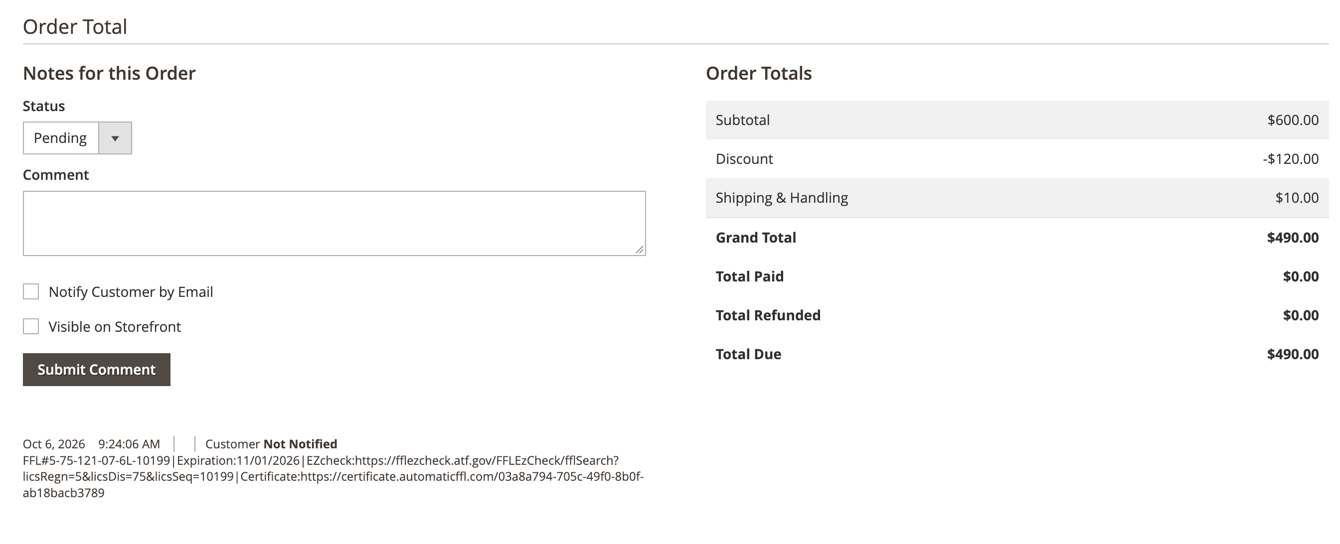Magento Notes for this Order showing an FFL comment with the license, expiration date, eZ Check link, and certificate link.