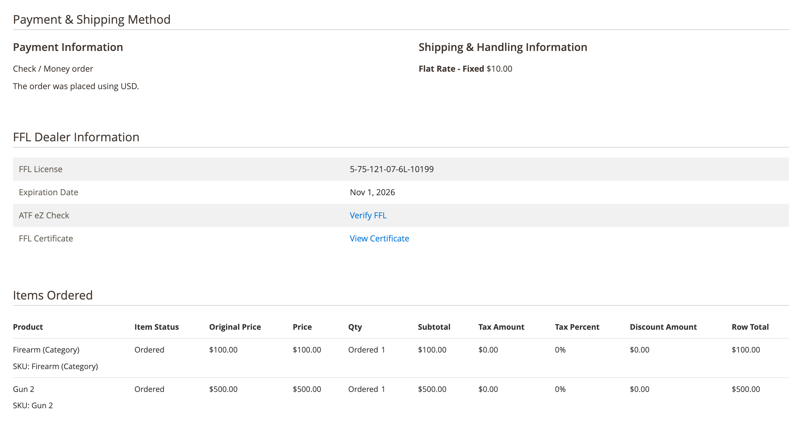Magento FFL Dealer Information table with a license number, expiration date, Verify FFL link, and View Certificate link.