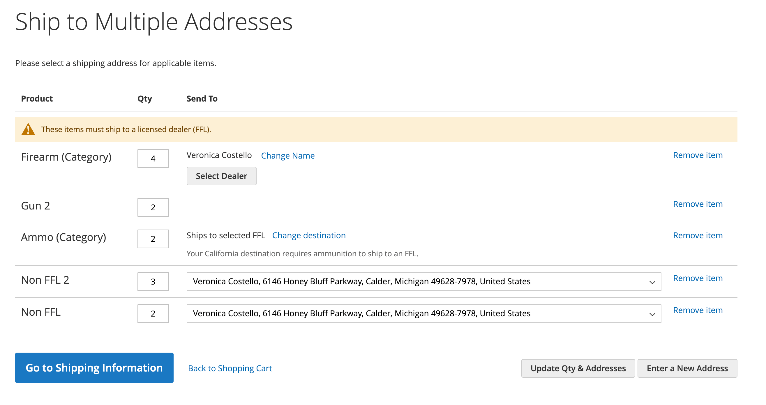 Magento multiple-address checkout showing firearms and FFL-required ammo together, with separate customer addresses for ordinary products.