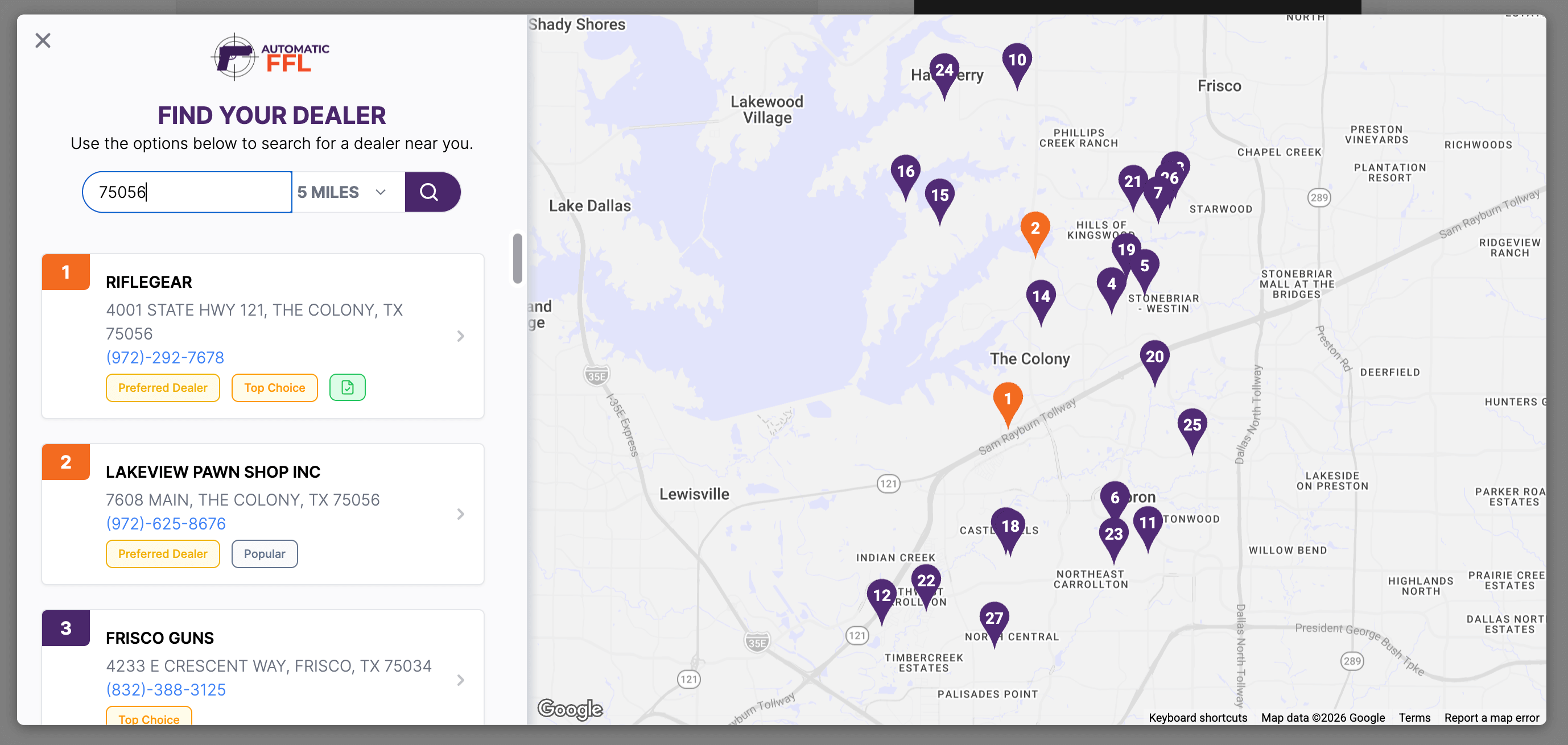 AutomaticFFL dealer locator at checkout — search by ZIP and radius, ranked dealer cards with Preferred Dealer and Top Choice badges, and a Google map with numbered dealer pins highlighting popular options.