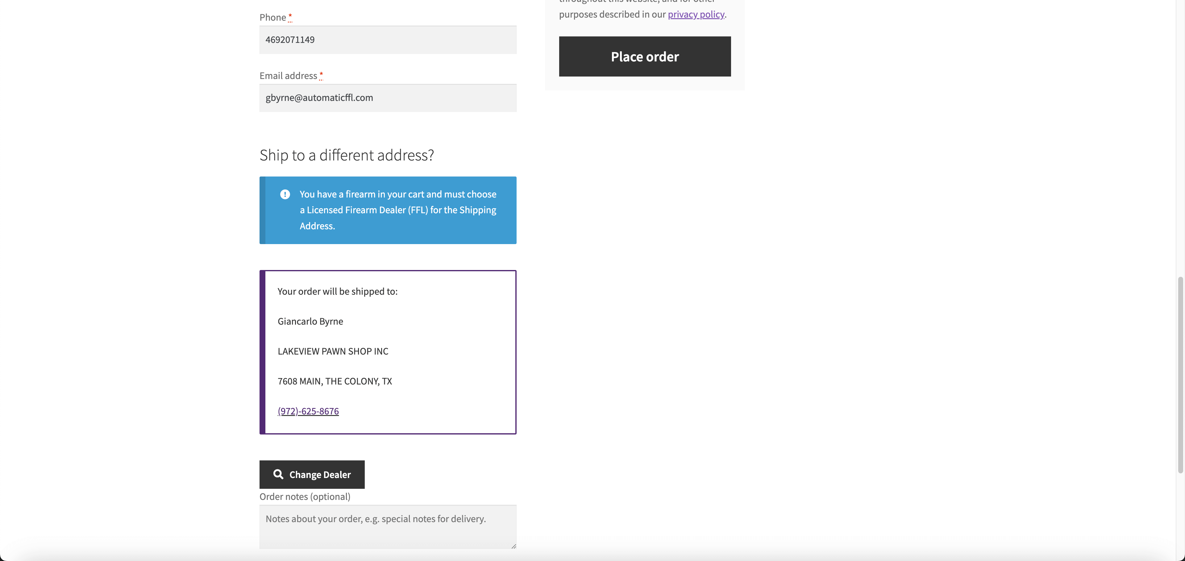 WooCommerce checkout with the AutomaticFFL dealer selection step.